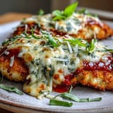 A close-up of crispy Pesto Chicken Parmesan served over spaghetti with marinara sauce and a side of garlic bread.  