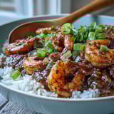 A close-up of Classic New Orleans Étouffée featuring succulent shrimp in a rich, dark roux sauce.