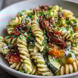 A vibrant Mediterranean-inspired Chickpea Pasta Bowl featuring tender roasted zucchini, bell pepper, and cherry tomatoes, drizzled with smooth tahini dressing.