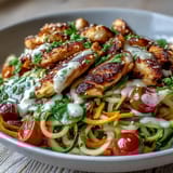 Colorful Spiralized Vegetable Bowl garnished with fresh parsley and sesame seeds, featuring protein-packed chicken and a creamy tahini sauce. 