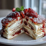 An elegant dessert featuring tender crêpes stacked with strawberry mascarpone filling, garnished with fresh strawberries and mint.  
