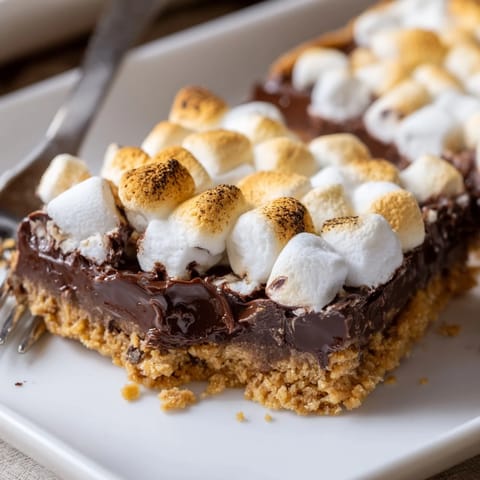 Freshly baked Smores Bars with a golden, toasted marshmallow topping on a buttery graham cracker base.