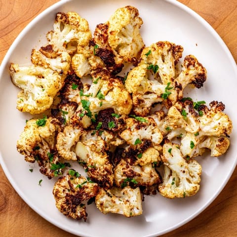 Golden-brown Roasted Cauliflower florets tossed with olive oil and spices served on a plate.