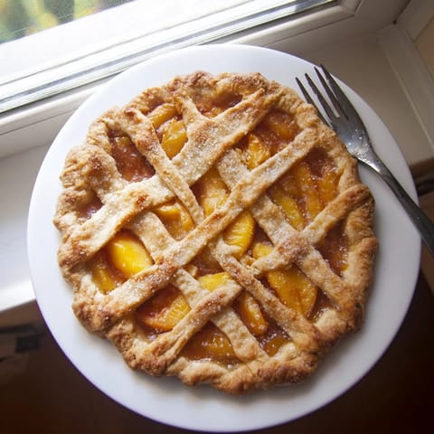 Warm slice of homemade Peach Pie reveals bubbling peach filling and crisp, buttery lattice crust.