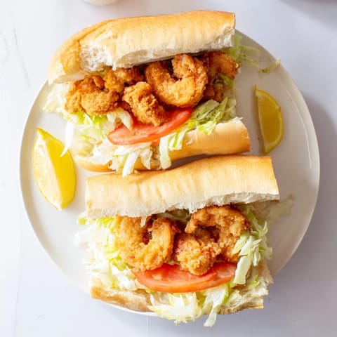 A fully assembled Shrimp Po Boy sandwich filled with Cajun-seasoned shrimp, creamy mayonnaise, and fresh vegetables on a crusty French roll.
