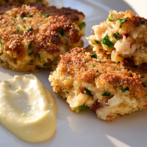 Two succulent crab cakes topped with creamy tangy sauce, paired with a crisp green salad for a light dinner.