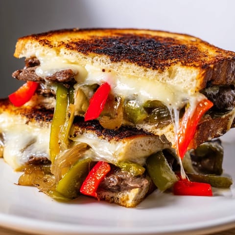 Sizzling sautéed peppers and onions add sweetness to the hearty Philly Cheesesteak Grilled Cheese on crisp bread.