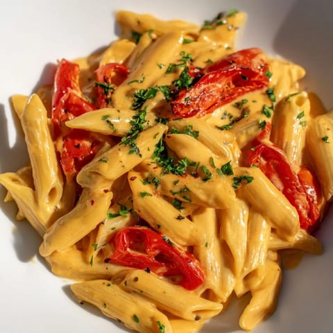A close-up view of creamy Cajun pasta featuring sautéed onions, garlic, and vibrant red peppers smothered in a velvety Parmesan sauce.