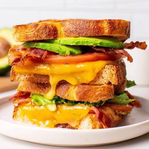Avocado BLT Grilled Cheese sandwich halved on a plate, revealing melted cheddar and juicy tomato.