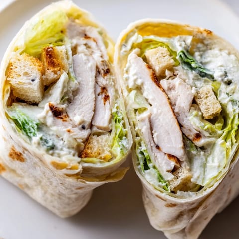 A close-up of a Caesar Chicken Salad Wrap sliced in half, revealing juicy chicken and crisp greens.