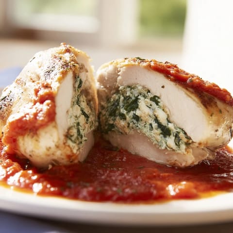 Tender spinach ricotta stuffed chicken breasts baked in a rich tomato sauce, served hot as a comforting main dish.