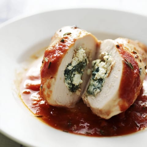 Golden-brown spinach ricotta stuffed chicken nestled in a flavorful tomato sauce, perfect for a satisfying Italian-inspired dinner.