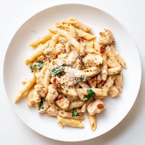 A close-up of Creamy Sun-Dried Tomato Chicken Pasta showing al dente penne, juicy chicken, and fresh basil garnish on a rustic plate.