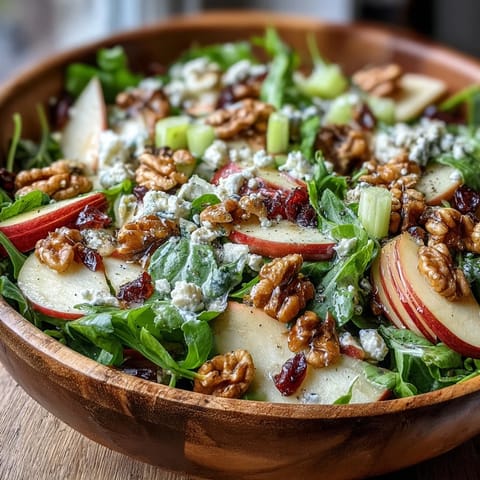 Crisp apple and walnut salad, glistening with tangy vinaigrette, served as a refreshing appetizer.