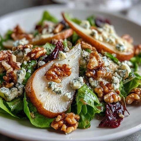 Juicy Pear Gorgonzola Salad with toasted walnuts and balsamic glaze, a delightful bite.