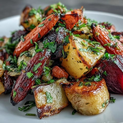 Vibrant Roasted Root Vegetable Medley glistening with herbs, perfect side dish.