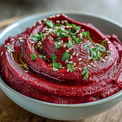 Earthy roasted beet hummus topped with a drizzle of olive oil.