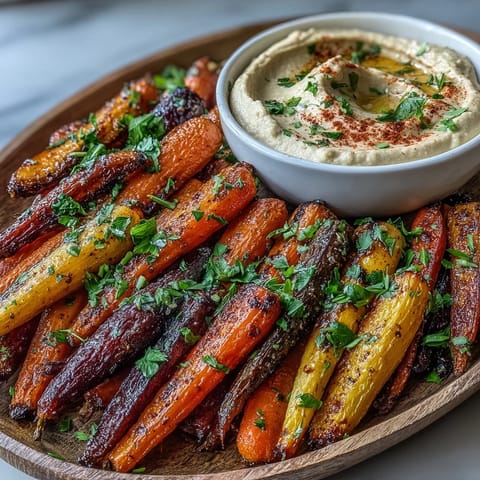 Colorful roasted rainbow carrots on a platter with smooth, garlicky tahini hummus, perfect for dipping.