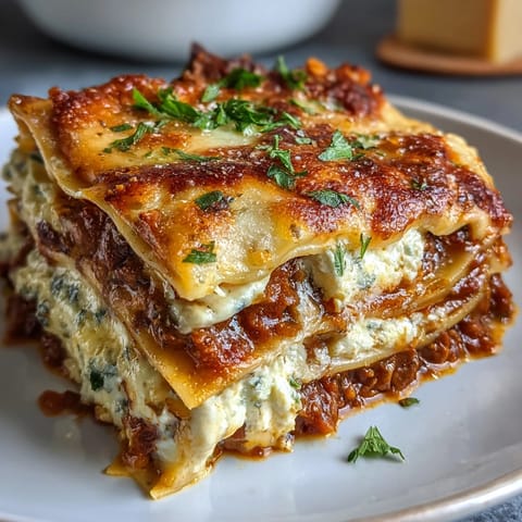 Golden, bubbling One-Pan Smoky Veggie Lentil Lasagne topped with fresh basil from the oven.