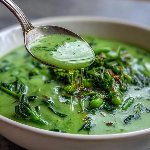 A close-up of Big Green Immunity-Boosting Vegetable Soup in a white bowl, its vibrant green hue glowing beside lemon wedges and fresh broccoli florets.