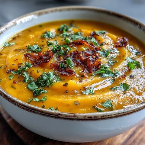 Smooth, creamy Butternut Squash and Lentil Soup simmering in a rustic pot, garnished with fresh cilantro and a lemon wedge.