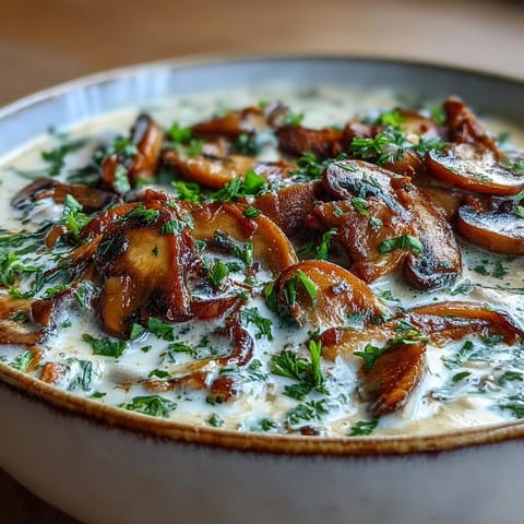 A close-up of golden mushrooms and thyme in a rich, velvety Creamy Mushroom Stroganoff Soup served with crusty bread.