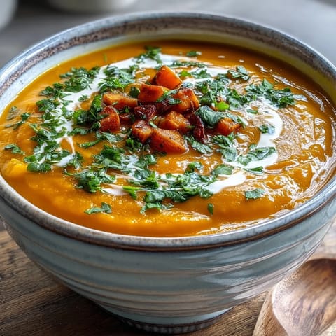 Smooth, creamy Carrot, Celeriac and Chilli Soup garnished with fresh coriander and a coconut yogurt swirl, steaming in a rustic bowl.