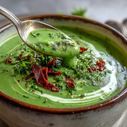 A close-up of vibrant green Spinach Coriander Lemongrass Soup in a white bowl, highlighting the creamy texture.