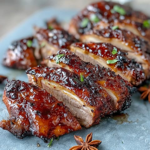 Succulent Five-Spice Roast Ducks with crispy skin carved into juicy slices, served alongside fluffy jasmine rice and vibrant stir-fried greens.