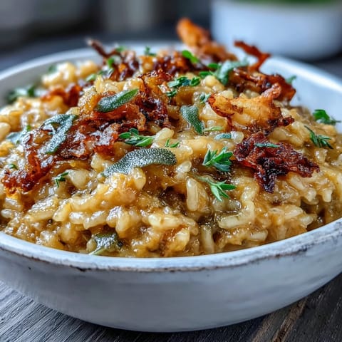 Creamy Vegan Pumpkin Risotto with crispy sage garnish, served warm in a rustic bowl with golden roasted pumpkin cubes.
