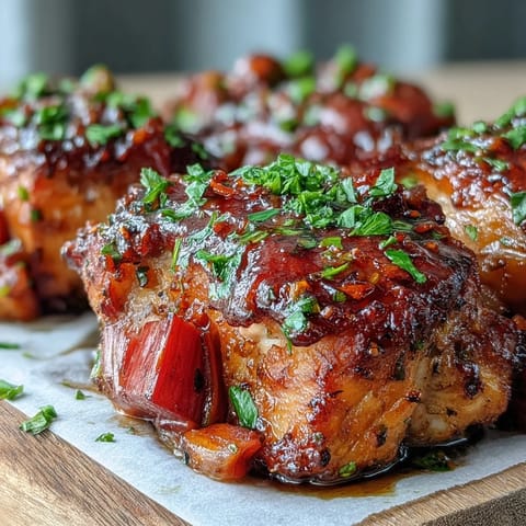 Tangy rhubarb pieces and savory pork roasted with ginger, garlic, and spices, finished with fresh herbs on a serving platter.