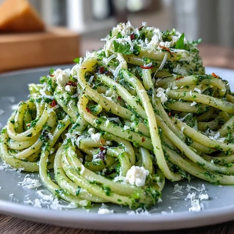 Creamy Linguine with Arugula Pesto served in a white bowl, brightened with lemon juice and cottage cheese, topped with fresh black pepper.