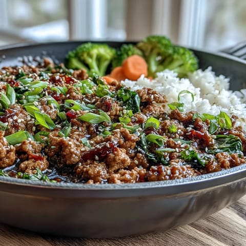 Tender ground turkey and aromatics like garlic and ginger ready to serve over steamed rice.