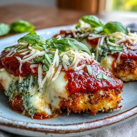 Golden-brown, cheesy Pesto Chicken Parmesan fresh from the oven, oozing with mozzarella and topped with fresh basil.  