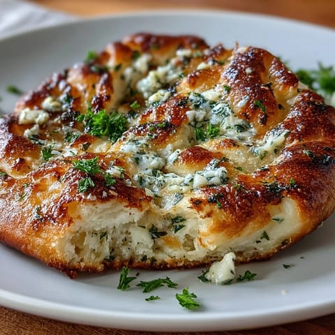 Freshly baked The Best Easy Garlic Naan Bread with golden bubbles and melted butter brushed on top.
