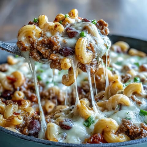Steaming One-Pan High Protein Chili Mac in a skillet, featuring creamy cheddar sauce and hearty ground beef.  