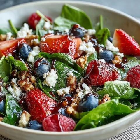Fresh baby spinach and juicy mixed berries tossed with creamy goat cheese and crunchy toasted walnuts in a vibrant bowl. 