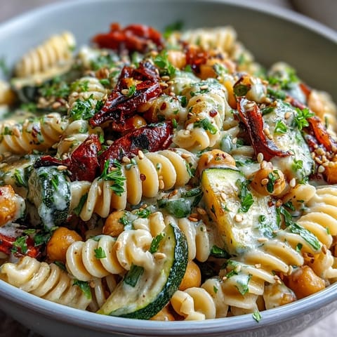 Hearty Chickpea Pasta Bowl tossed with roasted vegetables and creamy tahini sauce, finished with fresh parsley and sesame seeds.