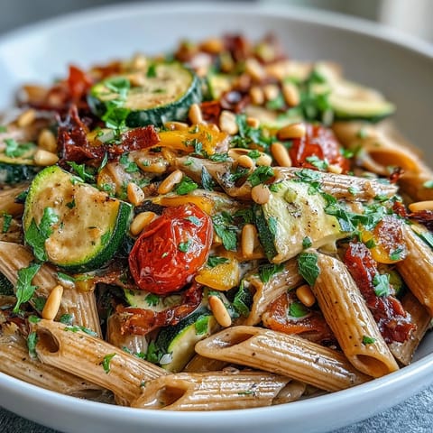 Whole Wheat Pasta Bowl with roasted zucchini and bell peppers, tossed in a creamy white bean sauce and topped with crunchy pine nuts.