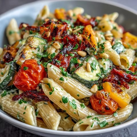 A vibrant bowl of Whole Wheat Pasta with colorful roasted vegetables and a lemony protein sauce, served warm with fresh parsley garnish.