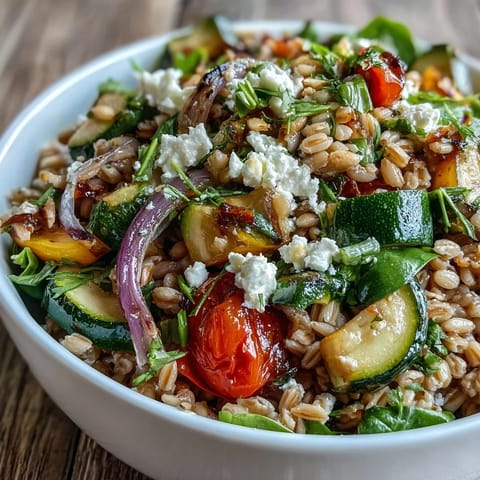 A vibrant serving of Farro Pasta Bowl tossed with zesty lemon-herb dressing and toasted pine nuts.
