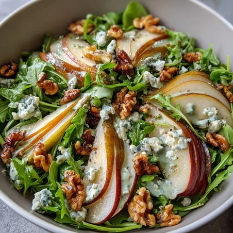 Fresh arugula and sliced pears topped with crumbled blue cheese and toasted walnuts in an Arugula and Pear Bowl, drizzled with balsamic dressing.