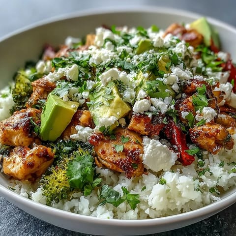 Vibrant Cauliflower Rice Bowl with seasoned chicken, crisp broccoli, and creamy avocado slices.
