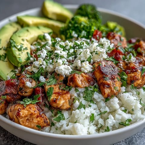 Golden chicken and sautéed vegetables top a warm bed of fluffy Cauliflower Rice Bowl.