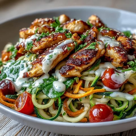 Colorful Spiralized Vegetable Bowl garnished with fresh parsley and sesame seeds, featuring protein-packed chicken and a creamy tahini sauce. 