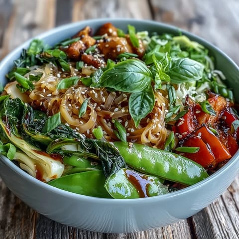 Shirataki Noodle Bowl with crisp Asian vegetables and toasted sesame seeds, served in a white bowl.