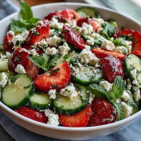 Crisp cucumber and juicy strawberry salad with fresh mint, perfect for spring gatherings or light lunches.