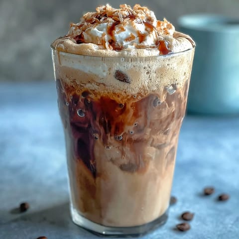 Creamy iced vanilla bean frappuccino with rich coffee, topped with fluffy toasted coconut foam for a tropical twist.