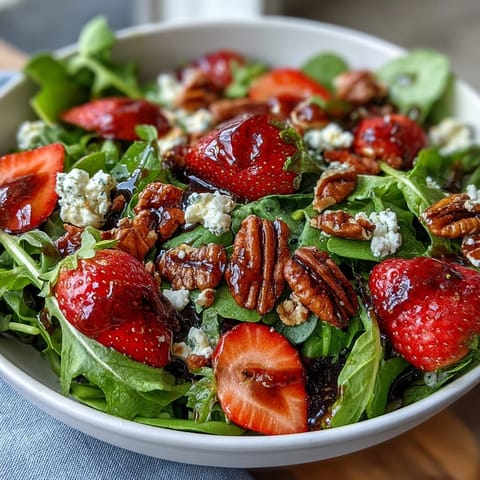 Refreshing arugula salad topped with ripe strawberries, crumbled goat cheese, and a tangy balsamic drizzle, ideal for dinner parties.