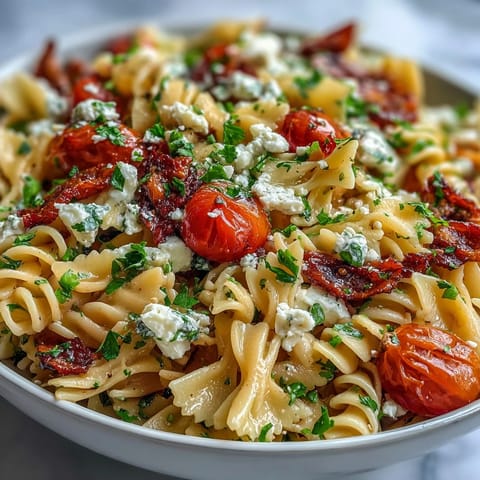 Greek pasta salad with olives and feta, showcasing colorful vegetables, briny olives, and crumbled cheese tossed with al dente pasta.